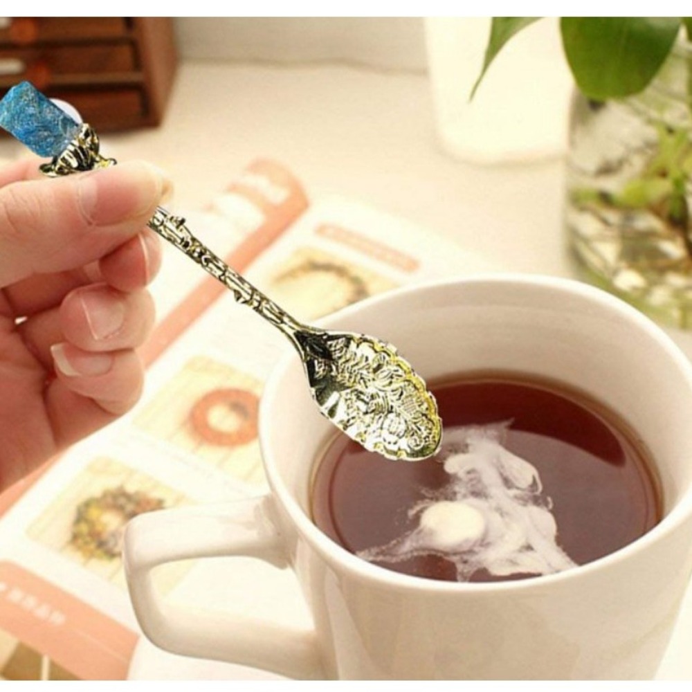 Vintage Crystal Stone Spoon Bronze Floral Tea Spoon with Twig Handle‎ NIB